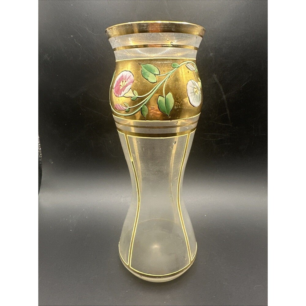 Antique Czech Moser Bohemian Glass Vase Gold Gild Pink White Flower Raise Enamel